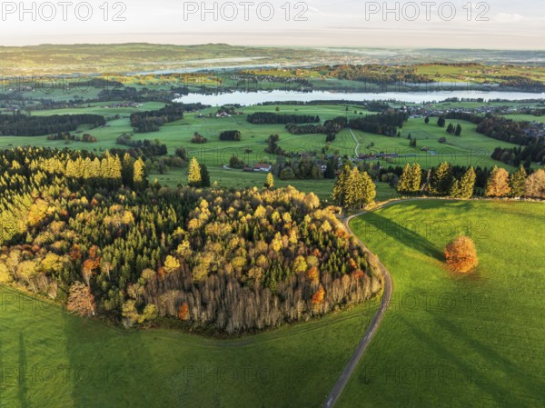 Mountain range near village Wertach, view to lake Rottachsee, aerial view, autumn colors, sunrise,