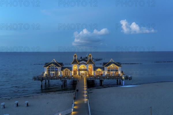 The pier of Sellin, evening mood, sunset, 394 metres long, with restaurant, jetty, island of Rügen,