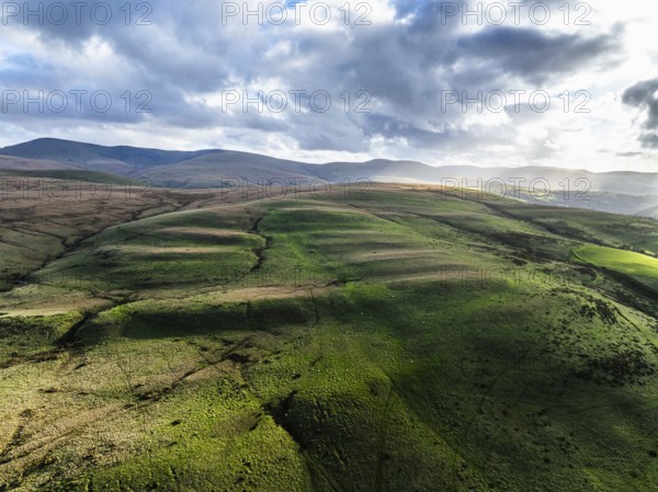 Farms over Black Mountain from a drone, Brecon Beacons National Park, Carmarthenshire, Wales,