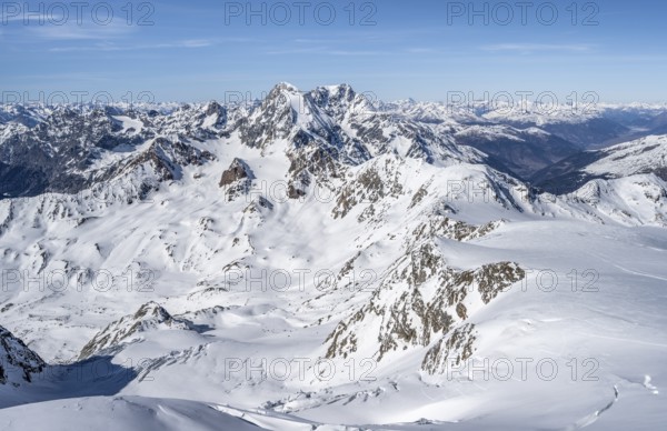 View from the summit of Monte Cevedale, mountain panorama with summit Königsspitze and Ortler,