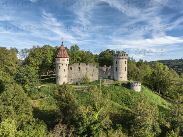 Aerial view of the Honburg castle ruins on the Honberg above the town of Tuttlingen, district of