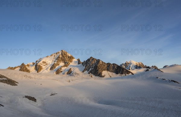 High alpine mountain landscape at sunset, Glacier du Tour, Glacier and mountain peaks in the