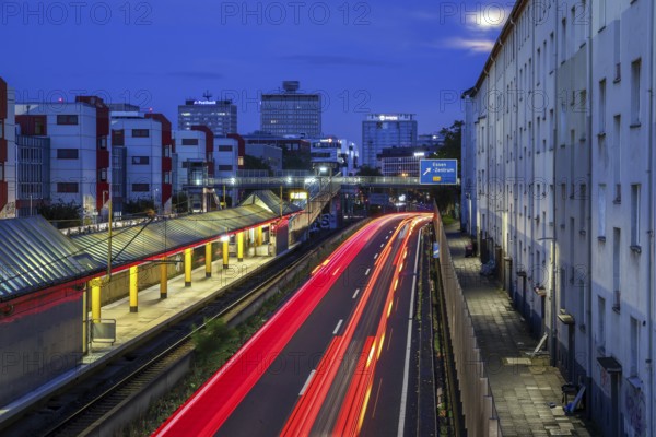 Essen, North Rhine-Westphalia, Germany, A40 motorway in the city centre at dusk. Deserted