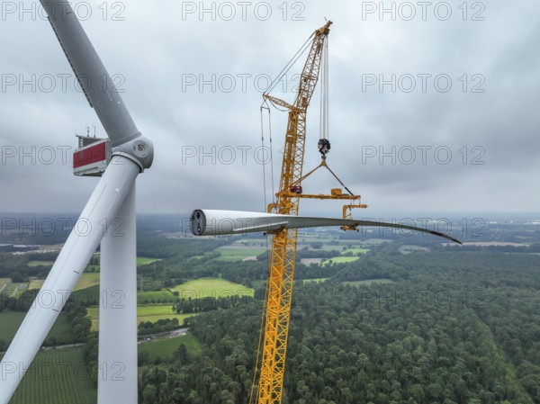 Dorsten, North Rhine-Westphalia, Germany, construction of a wind turbine. A large mobile crane