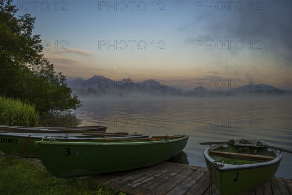 Morning atmosphere at full moon, Hopfensee, near Fuessen, Ostallgaeu, Allgaeu, Upper Swabia,