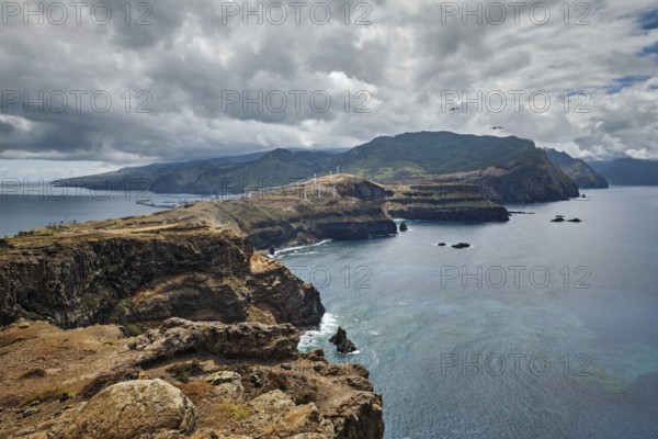 Madeira Island scenic rugged landscape view from Ponta do Sao Lourenco cape with seagulls flying.