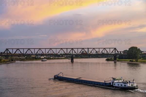 The railway bridge Duisburg-Hochfeld-Rheinhausen, over the Rhine, regional trains and many goods