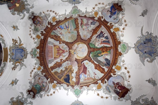 Church, baroque basilica St. Mang, interior view, ceiling fresco, Füssen, Ostallgäu, Bavaria