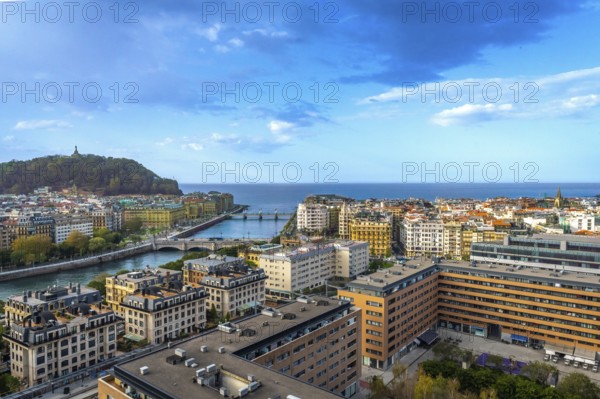 Aerial view of the Urumea river and the bridges of San Sebastian, Donostia at sunset, Basque