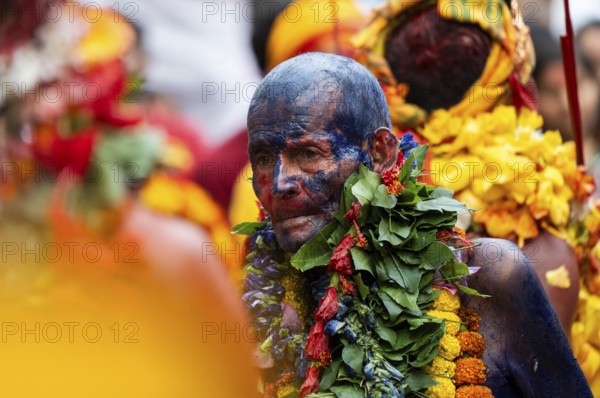 GUWAHATI, INDIA, AUGUST 19: Priests dance in the beat of Dhol (Drum) during the annual