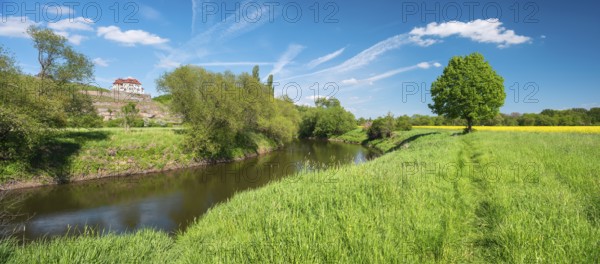 Landscape at the river Unstrut in the Unstrut valley near Freyburg in spring, in the background