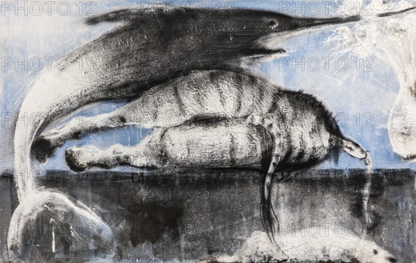 Swordfish, zebra and chrysanthemums, mixed media on canvas, exhibition Miquel Barcelo, Vida y