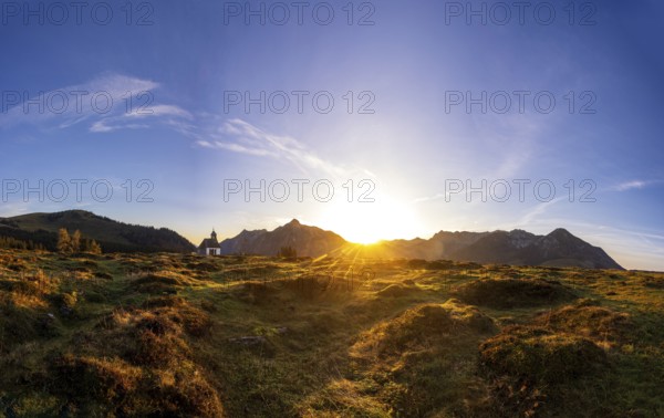 Sunrise on the Postalm with the Postalm chapel, Osterhorn group, Salzkammergut, Salzburg province,