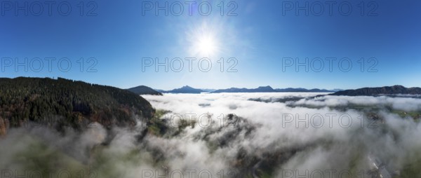 Drone shot, morning fog over the Mondsee, Mondseeland, Salzkammergut, Upper Austria, Austria,