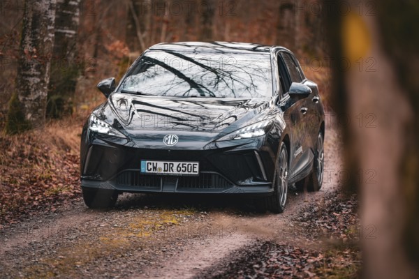 Black limousine drives along a narrow forest path through autumnal surroundings, e-car sharing
