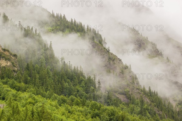 Wisps of mist cover the Karwendel mountains in the Großer Ahornboden nature reserve, Eng Valley,