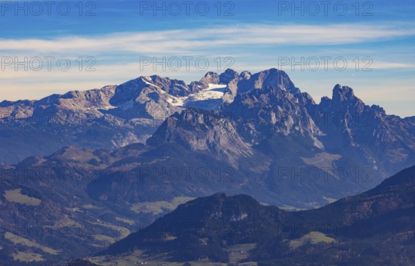 View from Schwarzer Berg to the Dachstein massif, Golling, Osterhorn group, Salzkammergut, Salzburg