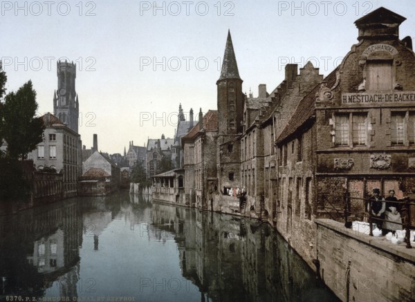 Canal and Belfry, Bruges, Belgium, ca 1895, Historic, digitally restored reproduction from a 19th