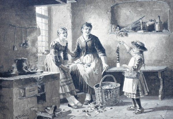 Girl has knitted her first stocking and proudly presents it to her mother and older sister, 1886,