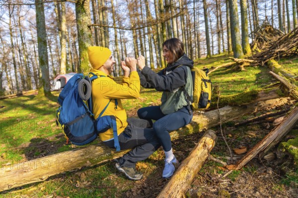 Hikers with backpacks are sitting on a fallen tree trunk in a forest, giving each other a high five