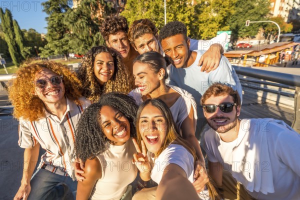 Multi-ethnic young casual and happy friends gesturing success while taking selfie in the city