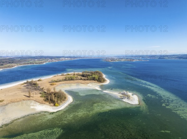 Aerial view of the Mettnau peninsula at low tide, on the right on the horizon the island of