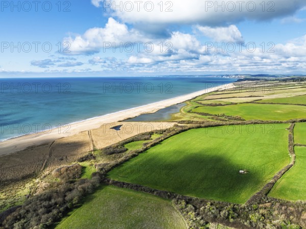 Farms over Swyre and West Bexington from a drone, West Bexington Nature Reserve, S W Coast Path,