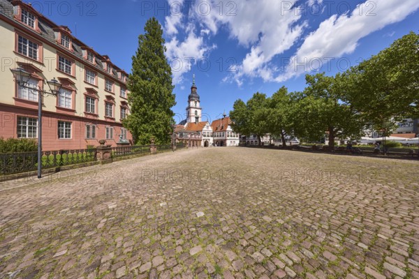 Erbach Castle, church tower, Erbach town church, lantern, historic buildings, blue sky with cumulus