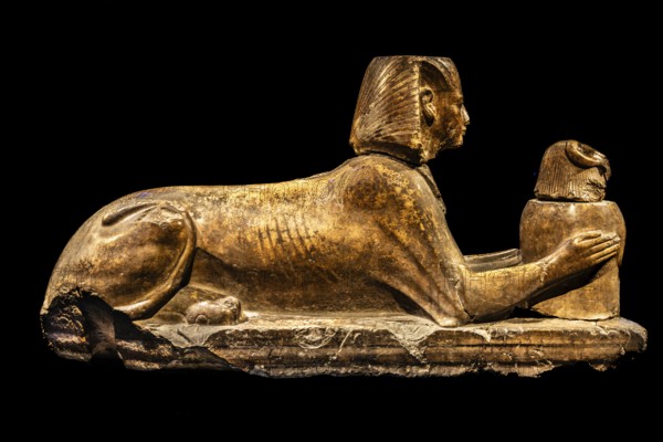 Statue of Ramses II as a sphinx offering a vessel with a ram's head from the exhibition: Ramses the