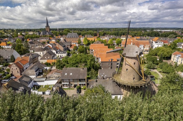 Aerial view of the town with town windmill, Kalkar, Lower Rhine, North Rhine-Westphalia, Germany,