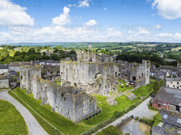 Middleham Castle from a drone, Middleham, Wensleydale, North Yorkshire, England, United Kingdom,