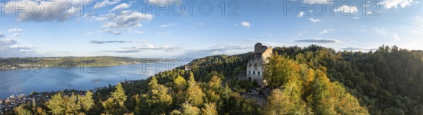 Aerial view, panorama of Lake Constance, Lake Überlingen, with the ruins of Altbodman on the
