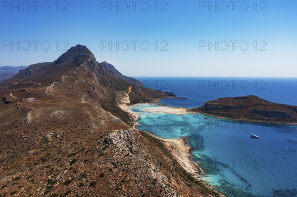 Drone shot, Gramvousa peninsula with view to the beach and bay of Balos, Kolimbari, West Crete,