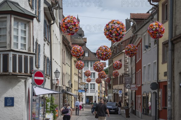 Colourful flower balls decorate the streets of, Villingen-Schwenningen, Baden-Württemberg, Germany,