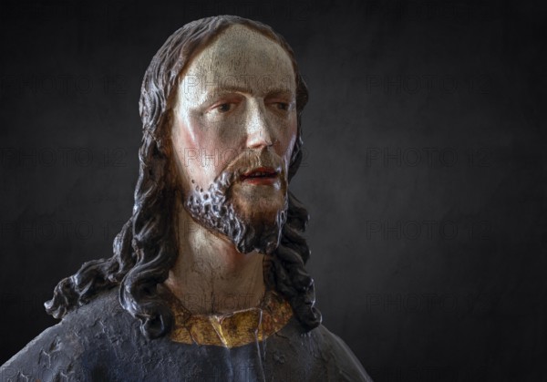 Palmesel wooden figure around 1880, Christ detail, on dark background, Dominican convent