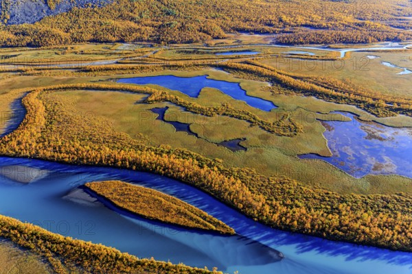 Lake, river, river delta, autumn colours, autumn, mountains, sunny, aerial view, Rapadalen,