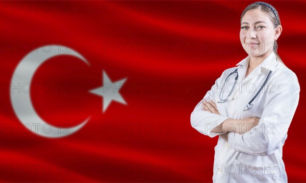Female doctor on Turkey flag. Doctor with crossed arms on Turkey flag. Turkey Health and Care