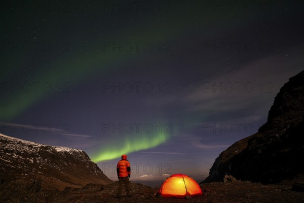 Tent in mountain landscape, Sarek National Park, World Heritage Laponia, Norrbotten, Lapland,