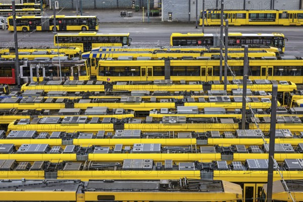 Essen, North Rhine-Westphalia, Germany, Trams at Ruhrbahn depot, Verdi and EVG warning strike,