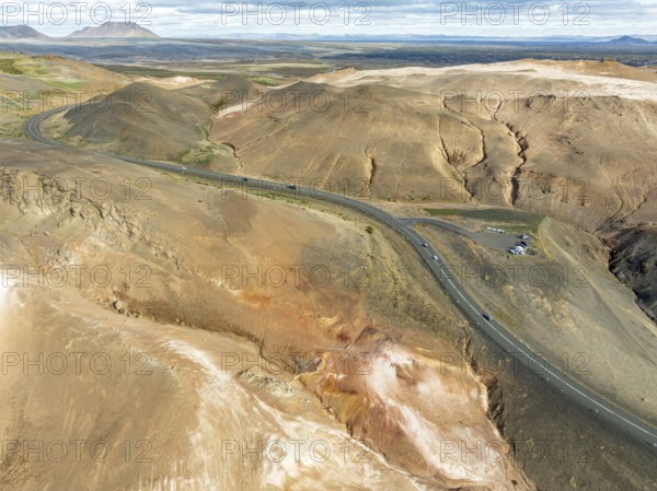 Viewpoint at ringroad no. 1 in the Myvatn geothermal area, aerial view, Myvatn region, Iceland,