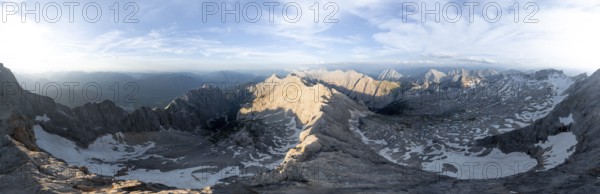 Alpine panorama, aerial view, Zugspitze and Zugspitzplatt with glacier, high mountains, Bavaria,