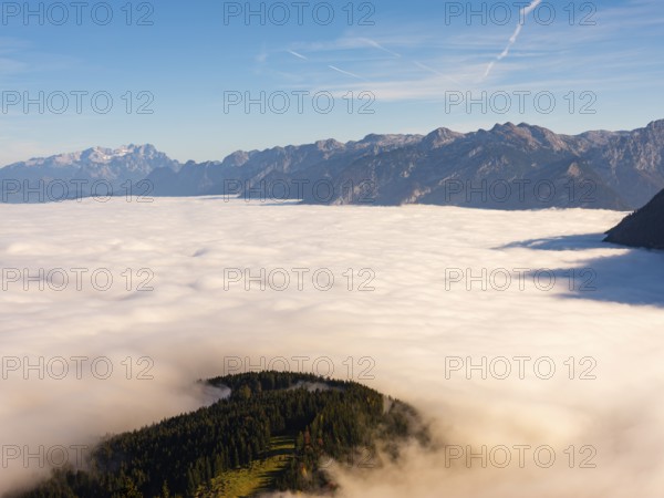 High fog over the Salzach valley, Dachstein and Tennengebirge mountains in the background, Roßfeld,