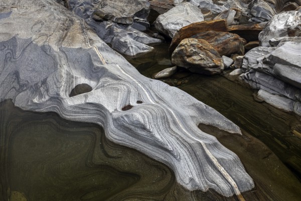 Rocks, rock structures, Verzasca River, near Lavertezzo, Verzasca Valley, Valle Verzasca, Canton
