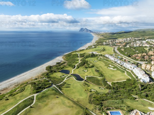 The La Hacienda Links Golf Resort at the Mediterranean Sea with the Rock of Gibraltar (British) in