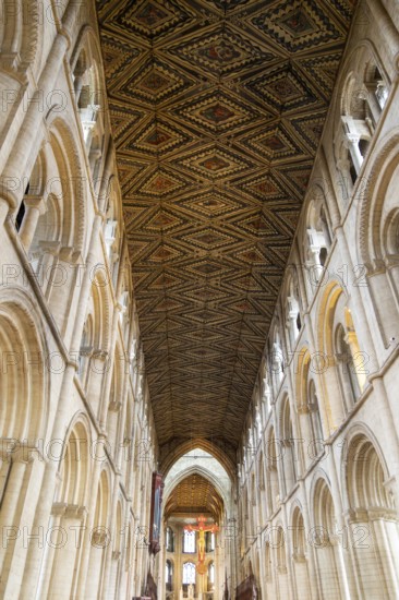 Interior of cathedral church, Peterborough, Cambridgeshire, England, UK looking up at ceiling and