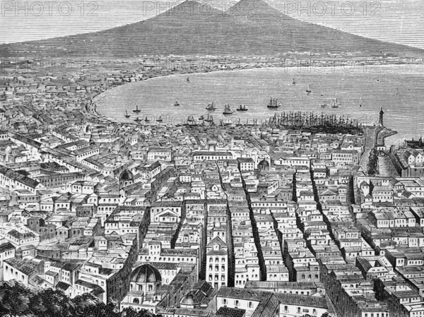 View of the city of Naples, the Gulf of Naples and Mount Vesuvius, view from above, houses,