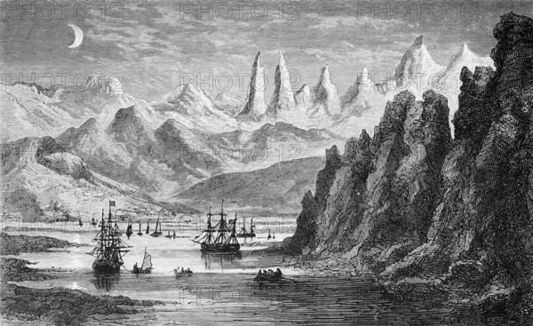 A fjord in the Lofoten at night, half moon, sailing ships, three-masters, rowing boats, mountain