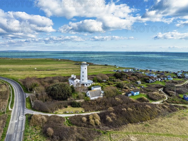Portland Bird Observatory from a drone, Bill Lighthouse, Portland Bill, Isle of Portland, Dorset,