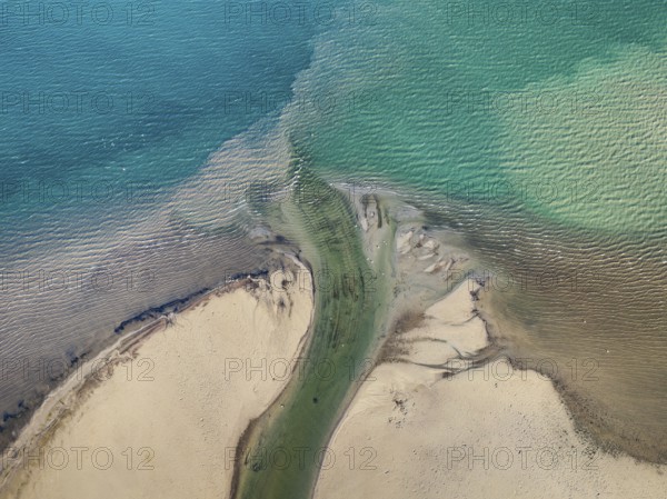 Aerial photograph, top down view of the Radolfzell Aach estuary with current lines, structures,