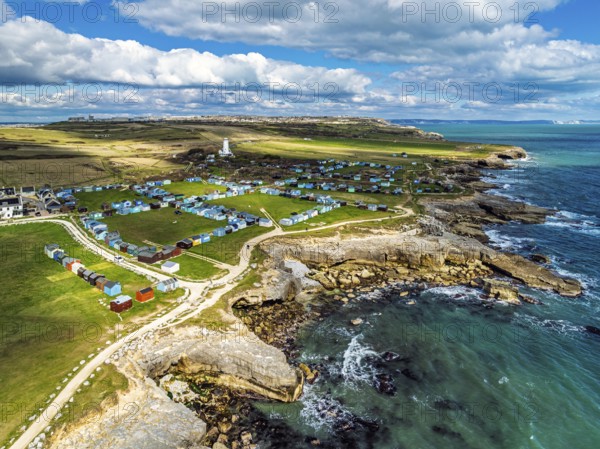 Portland Bird Observatory from a drone, Bill Lighthouse, Portland Bill, Isle of Portland, Dorset,